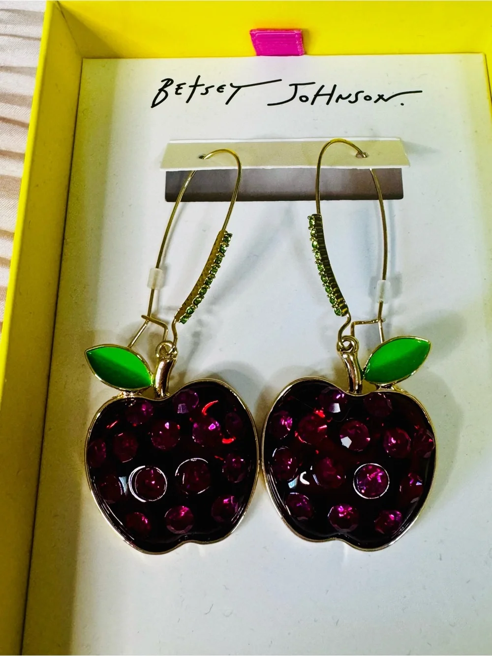 Betsey Johnson Pink Crystal Cherry Drop Earrings with Green Leaves